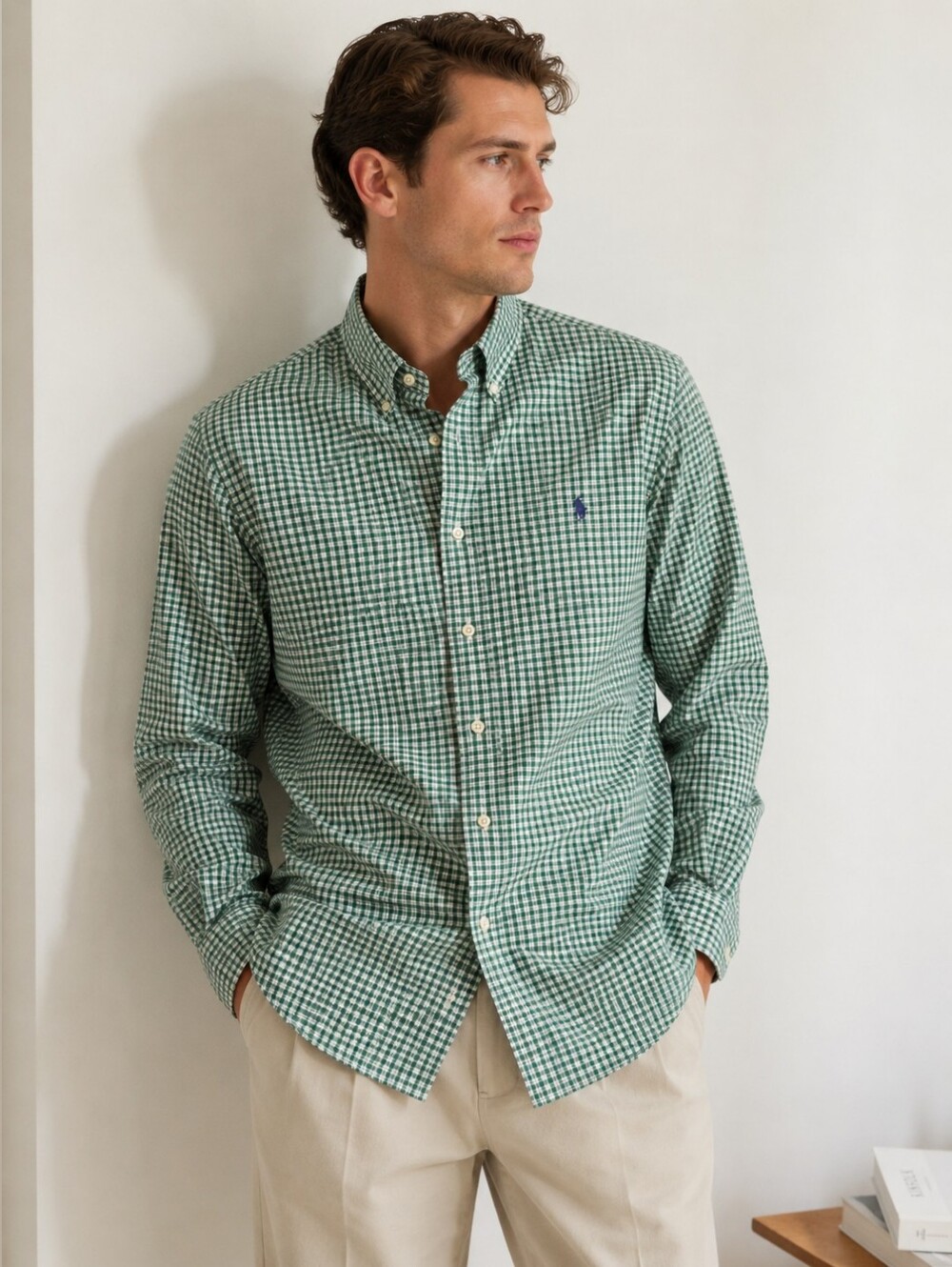 Ralph Lauren Slim Fit Green Gingham Button Down Shirt XL Purple Pony Cotton